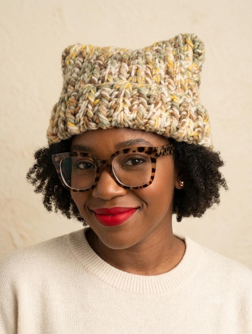 Handmade Chunky Knit Cat Ear Beanie Hat Earth Tones Sage Brown Warm